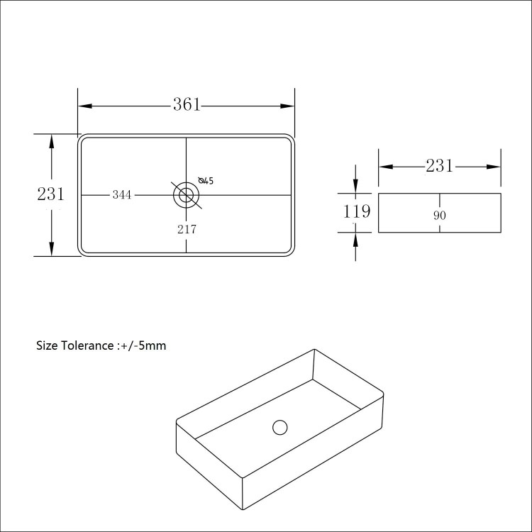 Matt Black Rectangular Countertop Basin 361mm - Vida