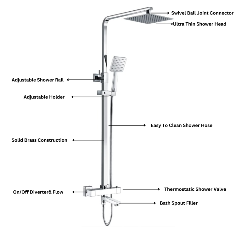 GRADE A1 - Chrome Square Thermostatic Bath Mixer Shower with Square Overhead & Hand Shower- Vira