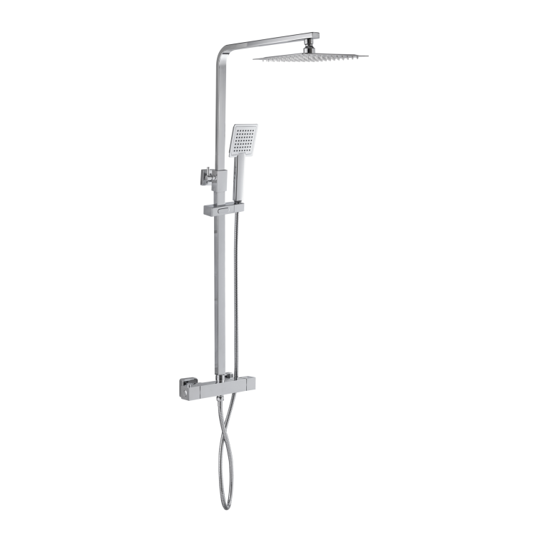 Chrome Square Thermostatic Bar Mixer Shower Set with Slide Rail Kit & Hand Shower - Vira