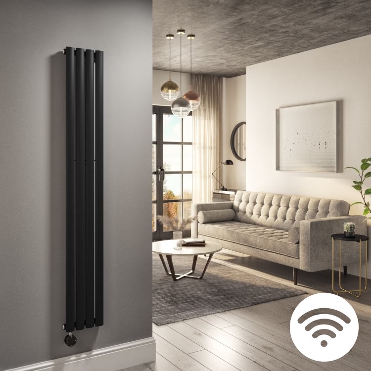 Midnight Black Electric Vertical Designer Radiator 1kW with Wi-Fi Thermostat - H1600xW236mm - IPX4 Bathroom Safe