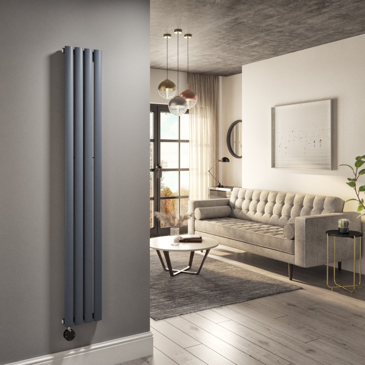 Anthracite Electric Vertical Designer Radiator 1kW with Wi-Fi Thermostat - H1600xW236mm - IPX4 Bathroom Safe