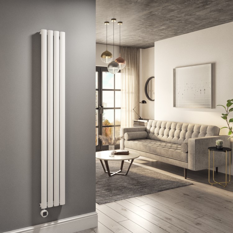 White Electric Vertical Designer Radiator 1kW with Wi-Fi Thermostat - H1600xW236mm - IPX4 Bathroom Safe