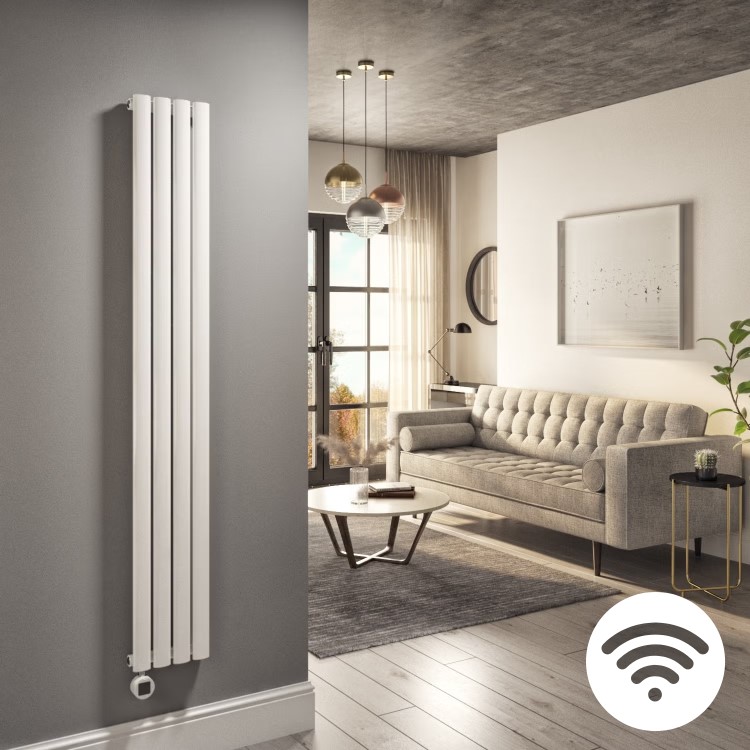 White Electric Vertical Designer Radiator 1kW with Wi-Fi Thermostat - H1600xW236mm - IPX4 Bathroom Safe