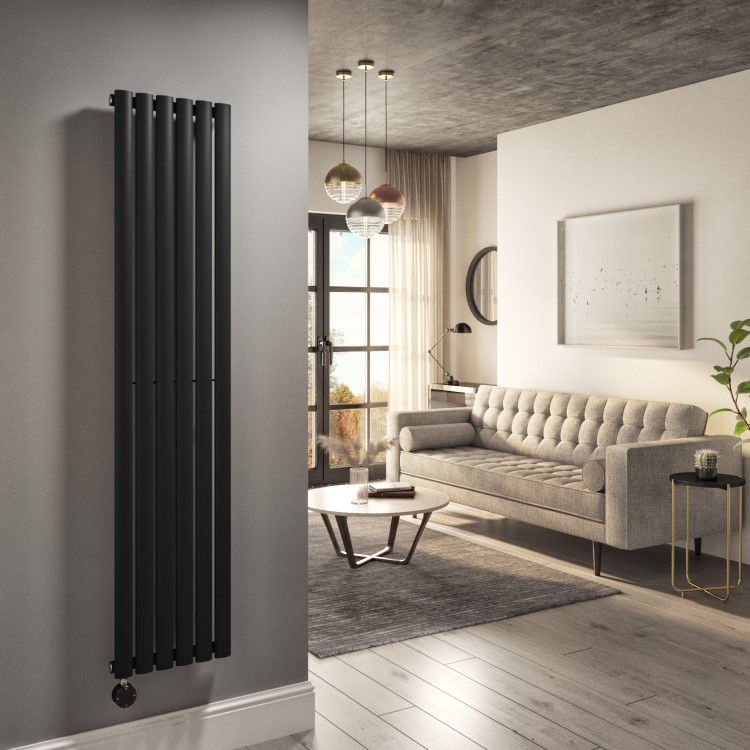 Midnight Black Electric Vertical Designer Radiator 1kW with Wi-Fi Thermostat - H1600xW354mm - IPX4 Bathroom Safe