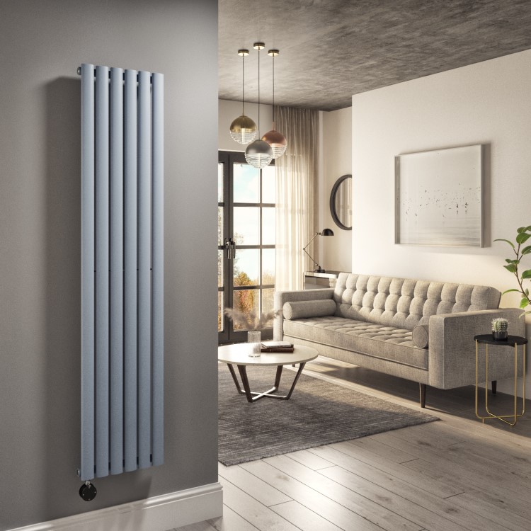 Light Grey Electric Vertical Designer Radiator 1kW with Wi-Fi Thermostat - H1600xW354mm - IPX4 Bathroom Safe