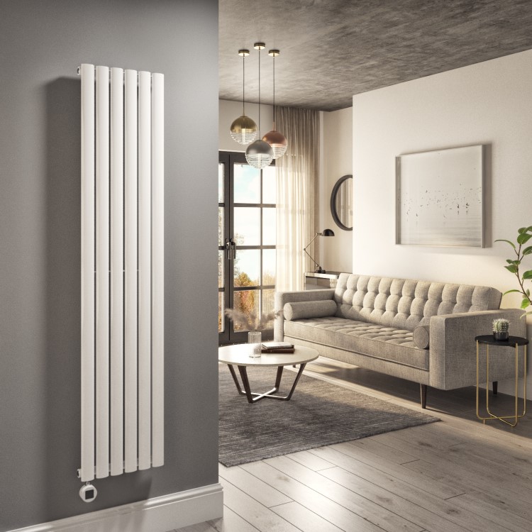 White Electric Vertical Designer Radiator 1kW with Wi-Fi Thermostat - H1600xW354mm - IPX4 Bathroom Safe