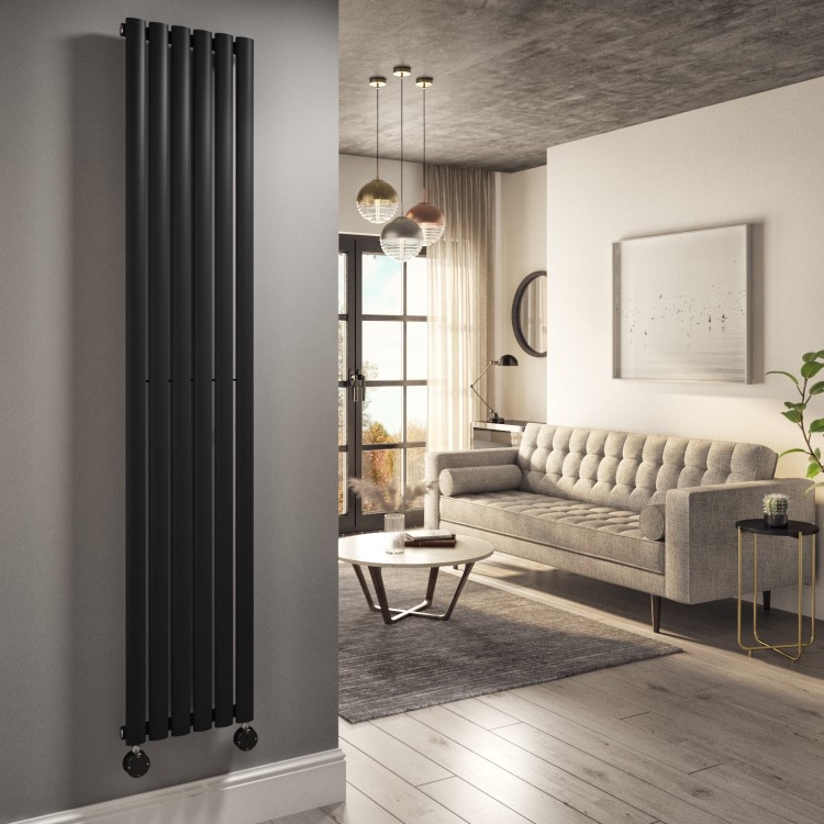 Midnight Black Electric Vertical Designer Radiator 2kW with Wi-Fi Thermostat - H1800xW354mm - IPX4 Bathroom Safe