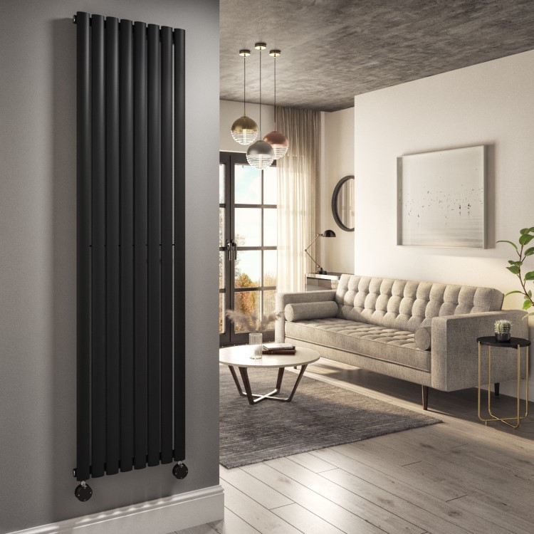 Midnight Black Electric Vertical Designer Radiator 2.4kW with Wi-Fi Thermostat - H1800xW472mm - IPX4 Bathroom Safe