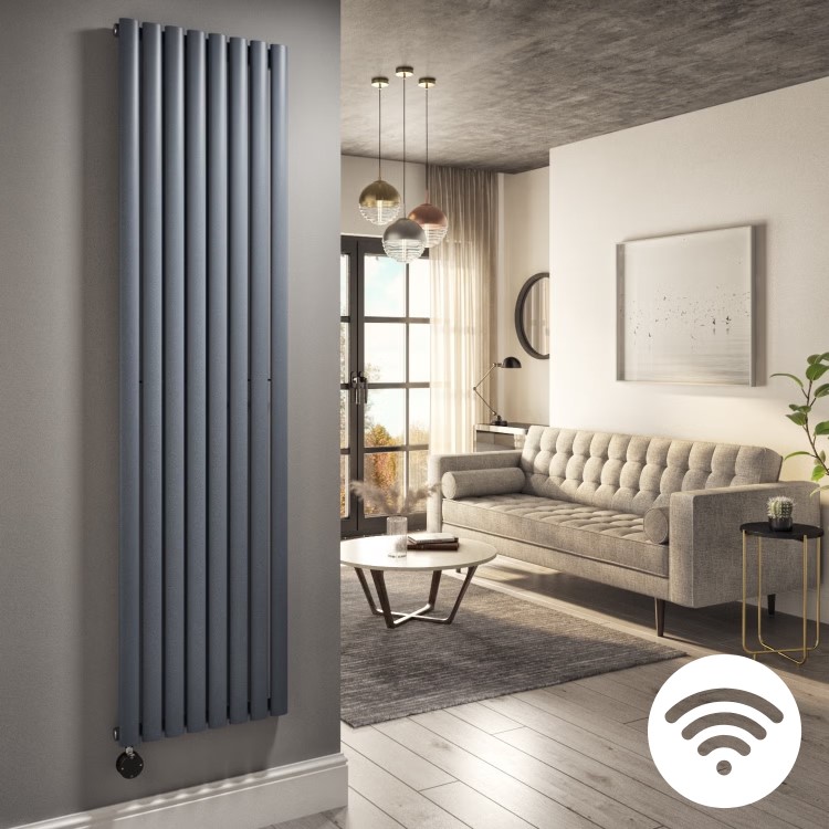 Anthracite Electric Vertical Designer Radiator 2.4kW with Wi-Fi Thermostat - H1800xW472mm - IPX4 Bathroom Safe