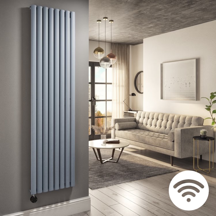 Light Grey Electric Vertical Designer Radiator 2.4kW with Wi-Fi Thermostat - H1800xW472mm - IPX4 Bathroom Safe