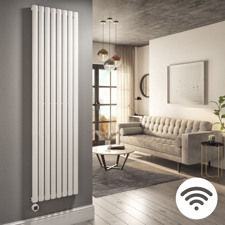 White Vertical Smart Electric Radiator with Wi-Fi Thermostat - 2.4kW - H1800xW472mm - Bathroom Safe