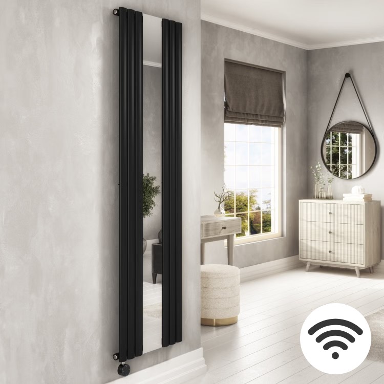 Midnight Black Vertical Smart Smart Electric Radiator with Mirror 1.2kW - H1800xW500mm - Bathroom Safe