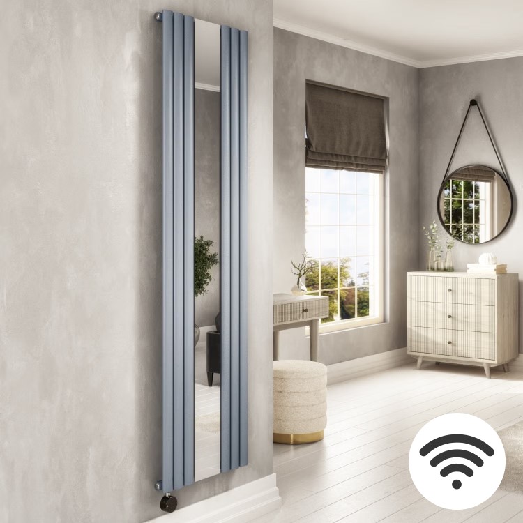 Light Grey Electric Vertical Designer Radiator 1.2kW with Mirror and Wi-Fi Thermostat - H1800xW500mm - IPX4 Bathroom Safe