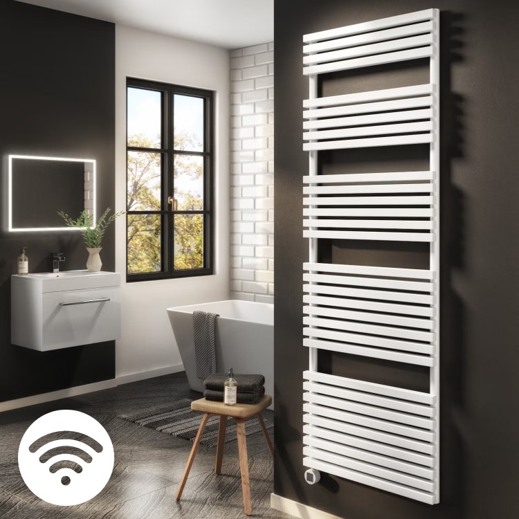 White Electric Towel Radiator 1.2kW with Wi-Fi Thermostat - H1800xW600mm - IPX4 Bathroom Safe