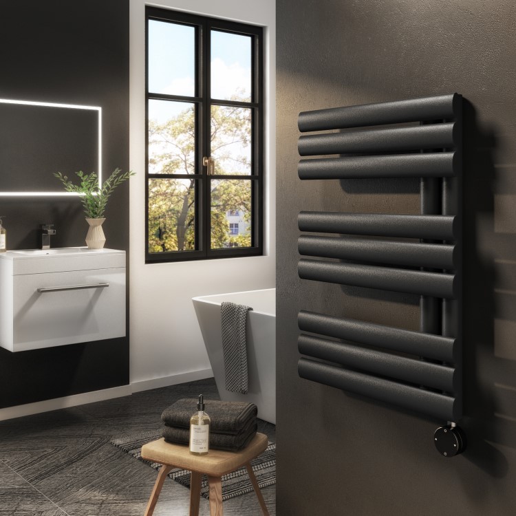 Midnight Black Electric Towel Radiator 0.6kW with Wi-Fi Thermostat - H650xW450mm - IPX4 Bathroom Safe