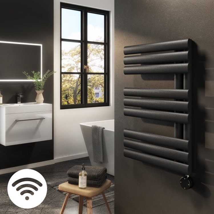 Midnight Black Electric Towel Radiator 0.6kW with Wi-Fi Thermostat - H650xW450mm - IPX4 Bathroom Safe