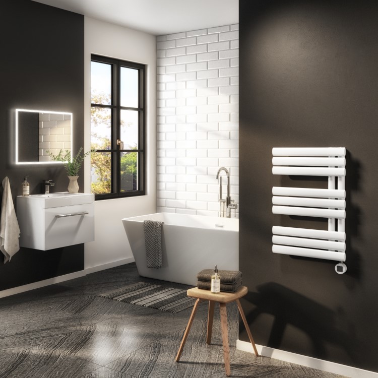 White Electric Towel Radiator 0.6kW with Wi-Fi Thermostat - H650xW450mm - IPX4 Bathroom Safe