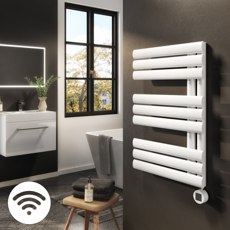 White Electric Towel Radiator 0.6kW with Wi-Fi Thermostat - H650xW450mm - IPX4 Bathroom Safe