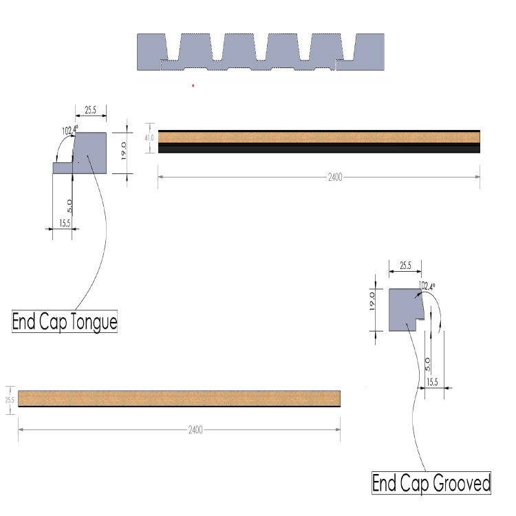 Waterproof Walnut & Black Slatted Wall Panel End Cap Tonged