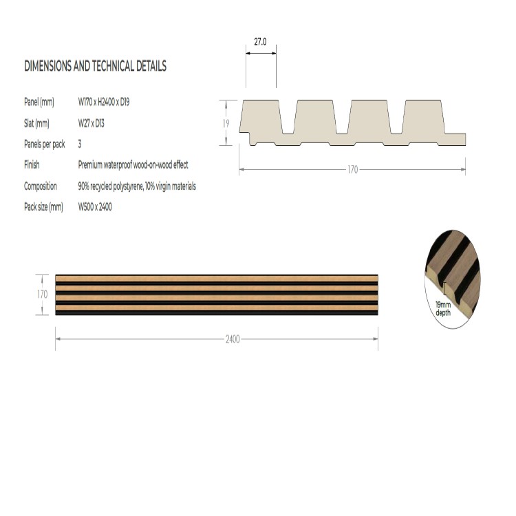 Pack of 3 Waterproof Walnut & Black Slatted Wall Panels 2400 x 170 x 19mm