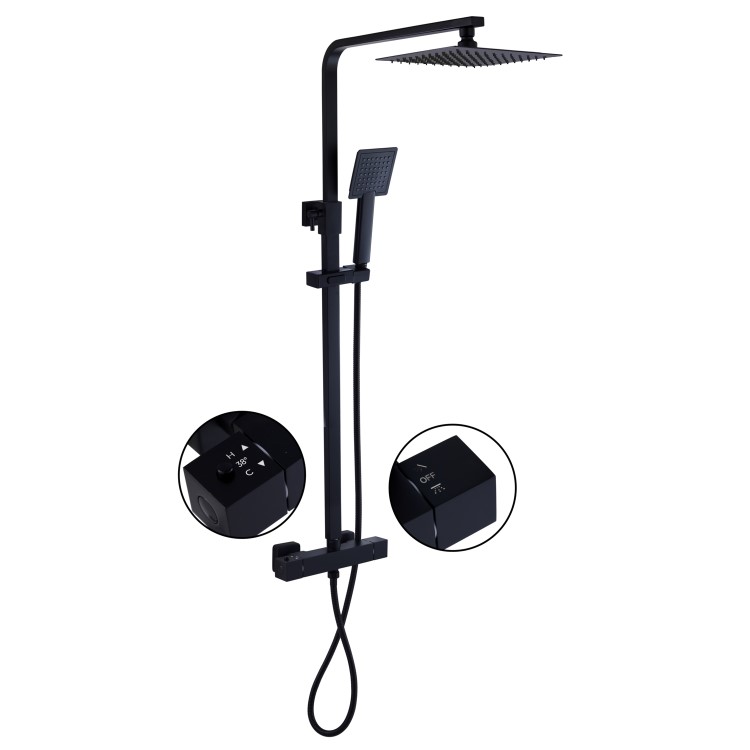 Black Thermostatic Bar Mixer Shower Set with Slide Rail Kit &  Hand Shower - Zana