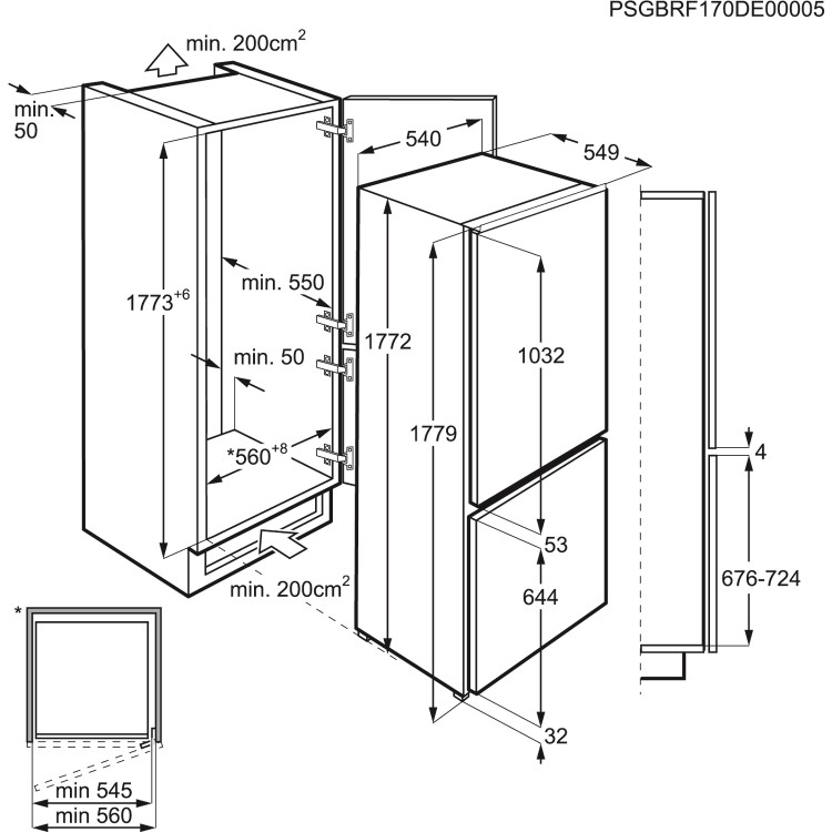 Zanussi ZBB28441SV In-Column 70_30 Split  Low Frost Fridge Freezer - Sliding Rail - 178cm Height