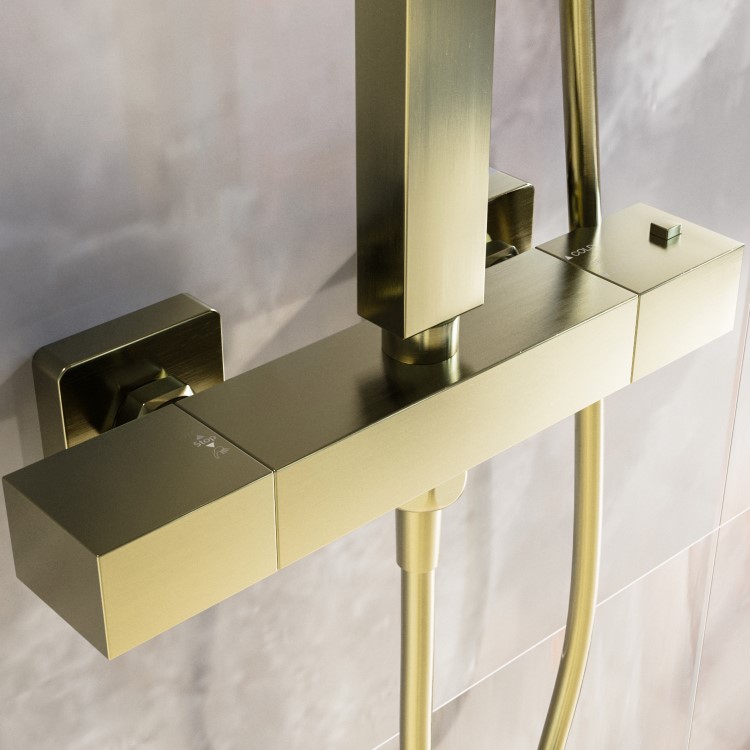 Brushed Brass Thermostatic Mixer Shower Set with Square Overhead & Hand Shower - Zana