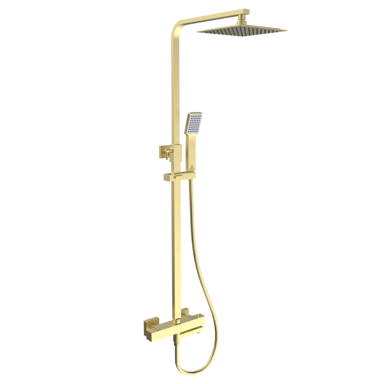 Brushed Brass Square Thermostatic Bar Bath Mixer Shower Set with Slide Rail Kit & Hand Shower - Zana