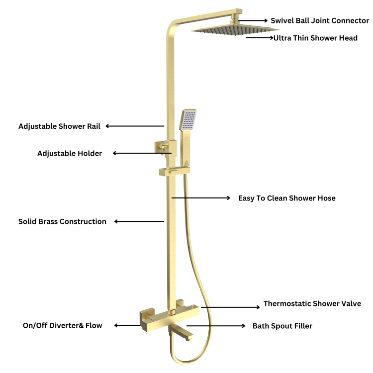 Brushed Brass Square Thermostatic Bar Bath Mixer Shower Set with Slide Rail Kit & Hand Shower - Zana