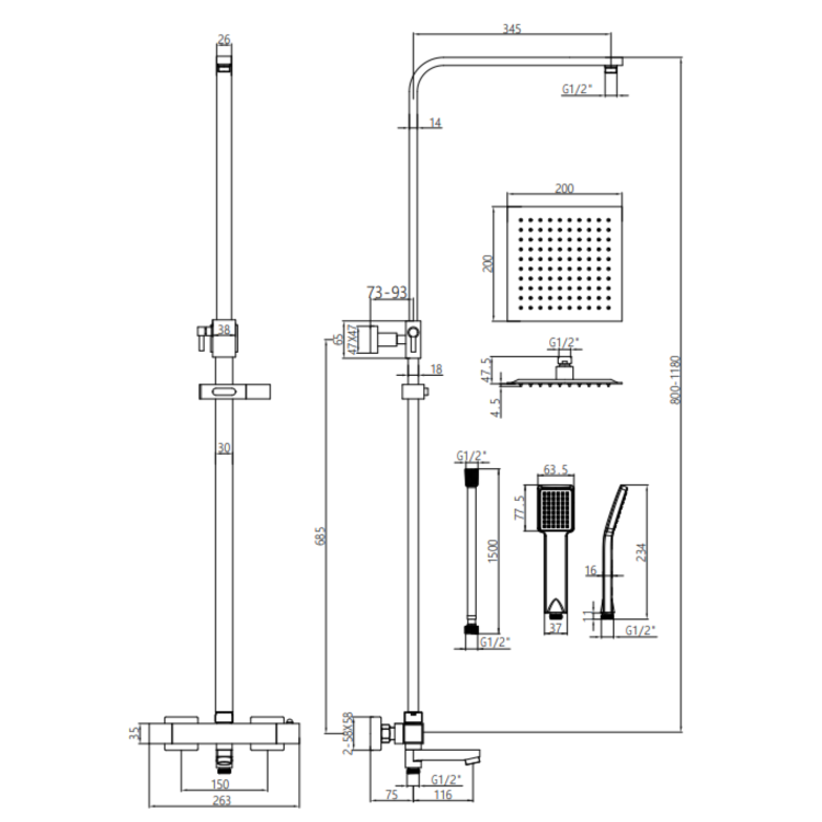 Black Square Thermostatic Bar Bath Mixer Shower Set with Slide Rail Kit & Hand Shower - Zana