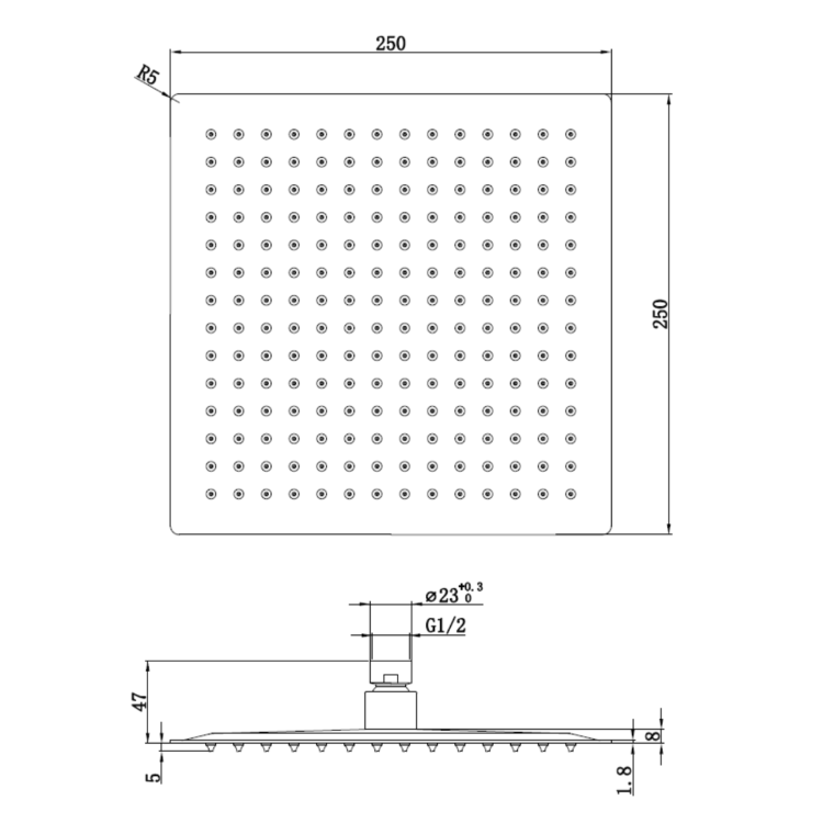 GRADE A1 - Black 250mm Slim Square Shower Head - Zana