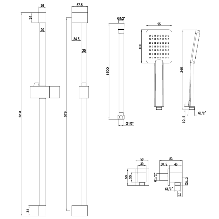 Black Square Adjustable Height Slide Rail Kit with Hand Shower - Zana