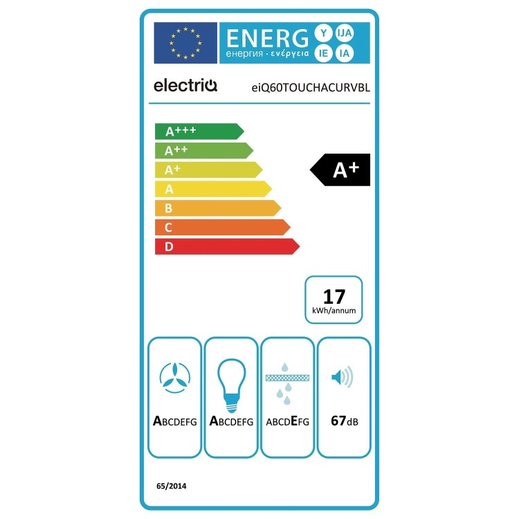 electriQ 60cm Curved Angled Hood with Touch Control - Black - A+ for energy