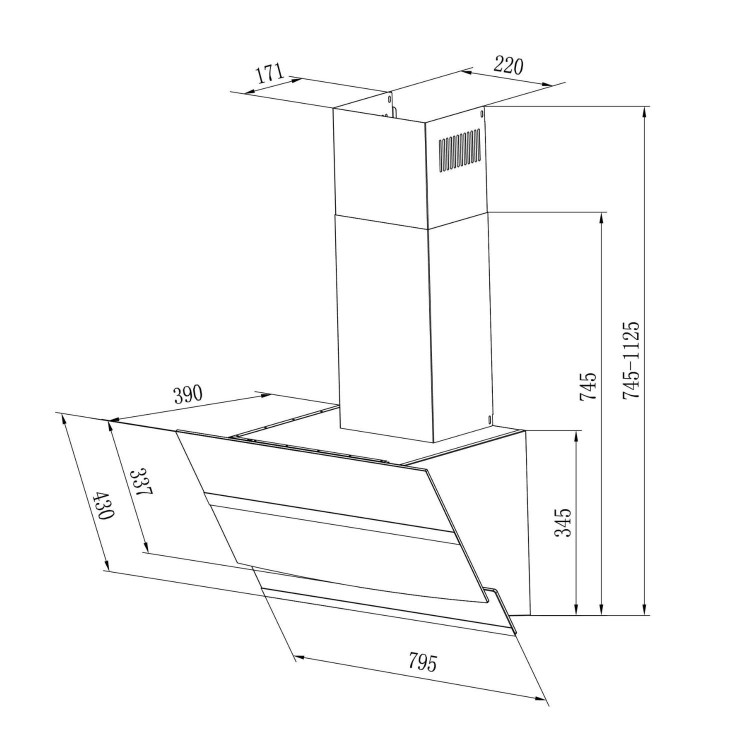 electriQ 80cm Angled Cooker Hood - White Glass 