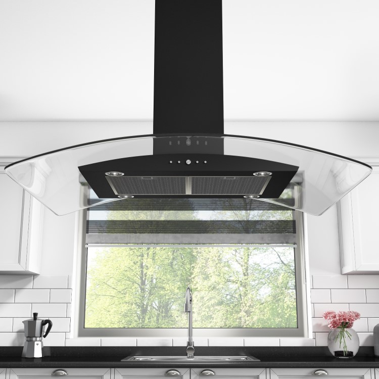 electriQ 90cm Curved Glass Island Cooker Hood - Black