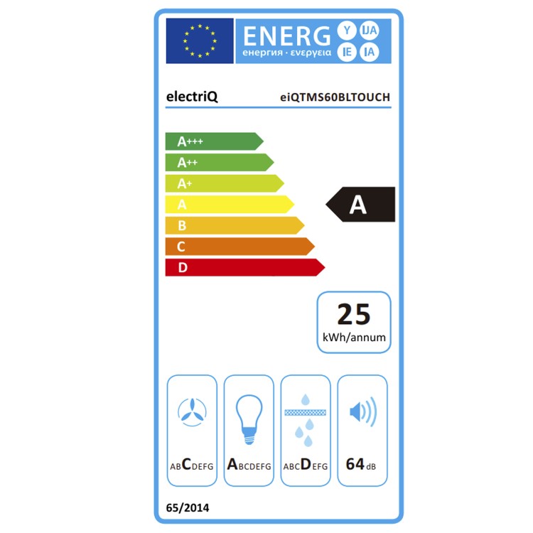 electriQ 60cm Angled Hood with Touch Control - Black - A Rated