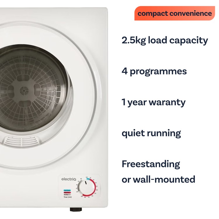 electriQ 2.5kg Mini Compact Vented Tumble Dryer - White