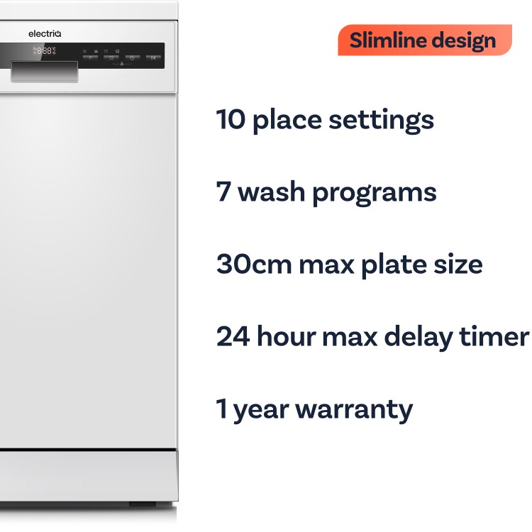 electriQ Series 2 Freestanding Slimline Dishwasher - D-Rated, White