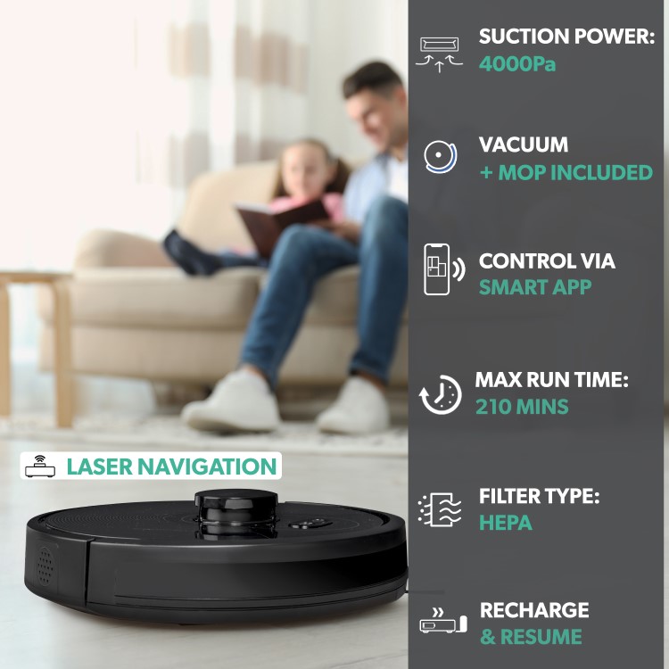 electriQ HELGA Robot Vacuum Cleaner and Mop - 4000Pa Suction - Black