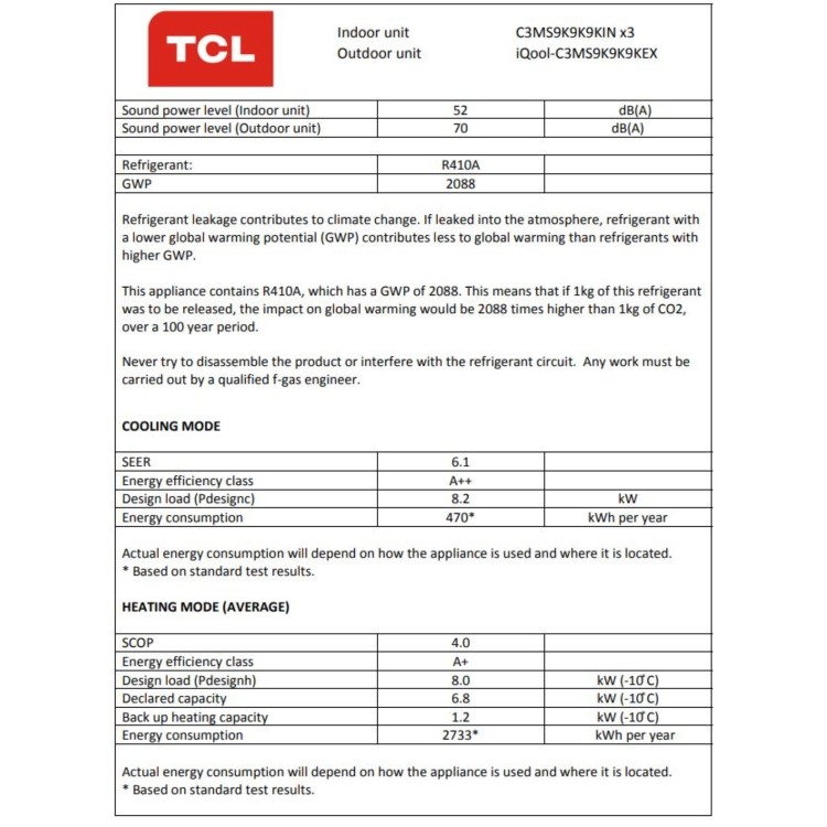 TCL 3-Way 3x 9000 BTU 8kW WiFi Smart A++ Ceiling Cassette Air Conditioner with Single Outdoor Unit