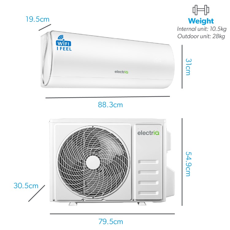 Refurbished electriQ 12000 BTU WIFI Smart A+++ easy-fit DC Inverter Wall Split Air Conditioner with Heat Pump & 5m Pipe Kit