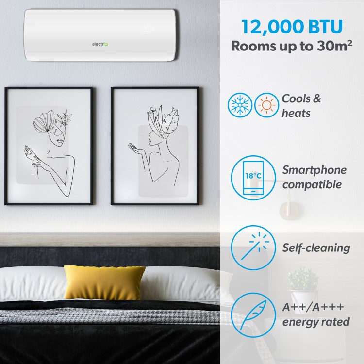 electriQ iQool Plus 12000 BTU Smart A+++ Wall Split Air Conditioner with Heat Pump - 5m Pipe Kit Included