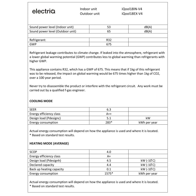 electriQ iQool 18000 BTU WiFi Smart A++ Wall Split Air Conditioner with Heat Pump and 5m Pipe Kit Included