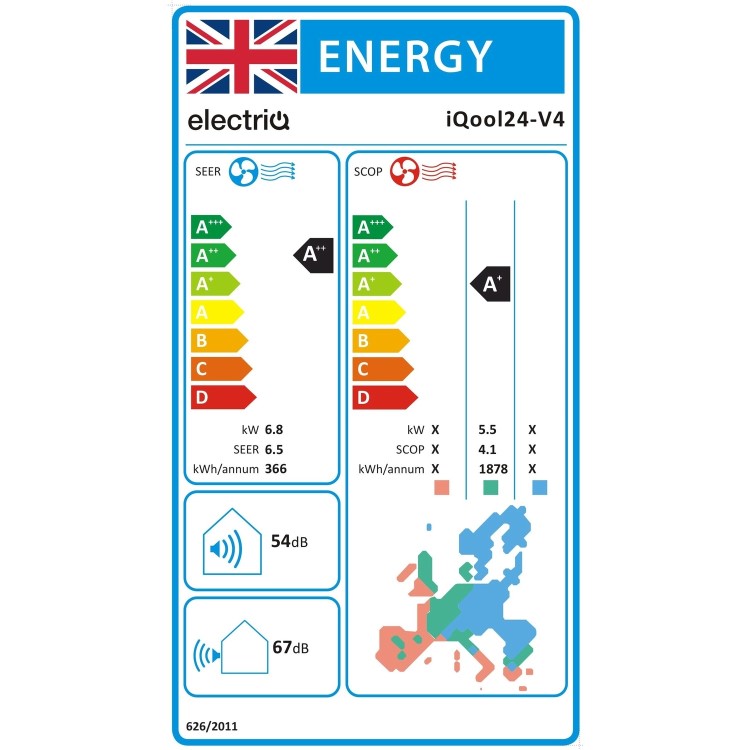 electriQ iQool 24000 BTU WiFi Smart A++ Wall Mounted Air Conditioner with Heat Pump - 5m Pipe Kit Included