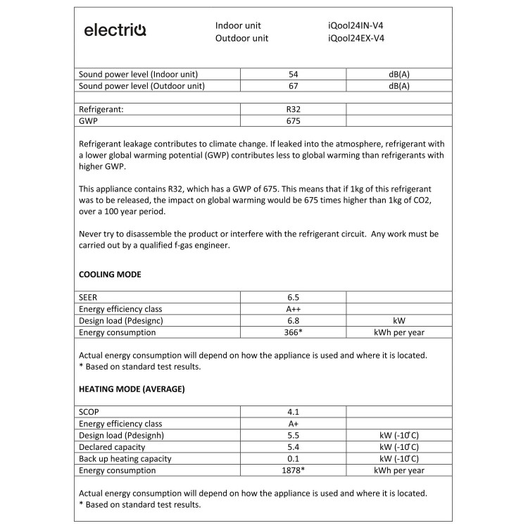 electriQ iQool 24000 BTU WiFi Smart A++ Wall Mounted Air Conditioner with Heat Pump - 5m Pipe Kit Included