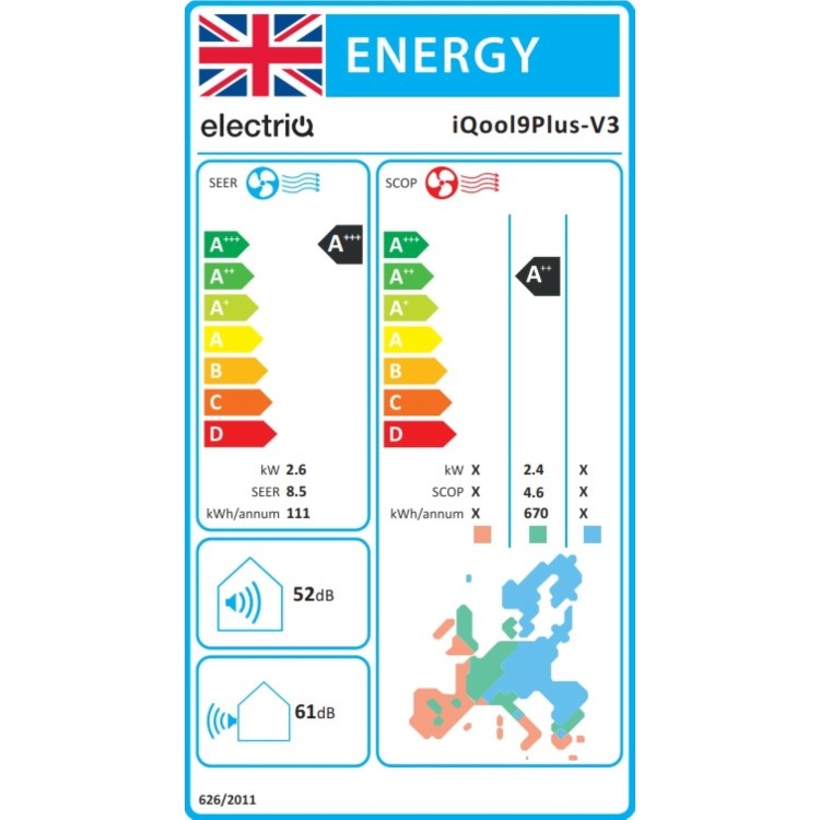 electriQ iQool Plus 9000 BTU Smart A+++ Wall Mounted Air Conditioner with Heat Pump - 5m Pipe Kit Included
