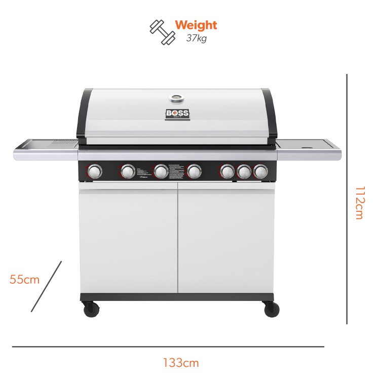 Boss Grill Alabama Elite - 6 Burner Gas BBQ Grill with Side Burner - Gloss White