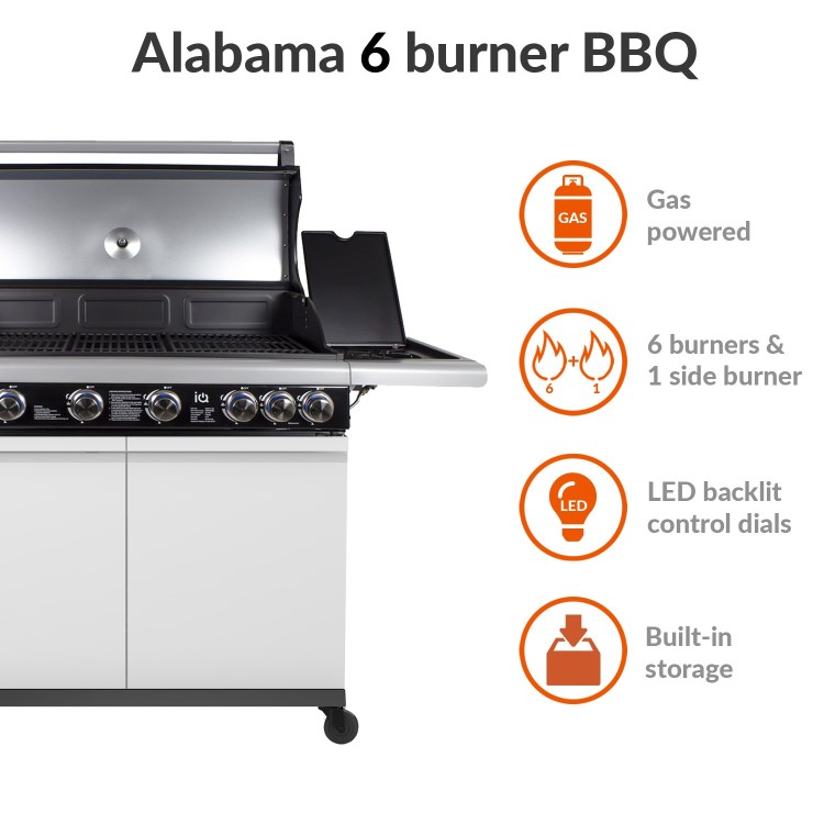 Boss Grill Alabama Elite - 6 Burner Gas BBQ Grill with Side Burner - Gloss White