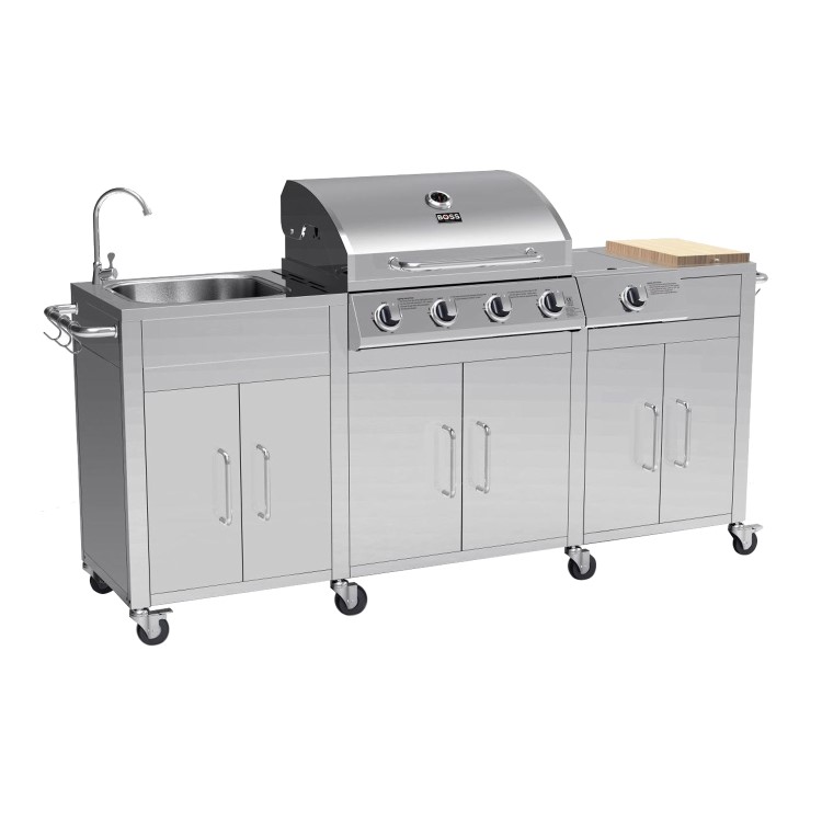 Refurbished Boss Grill Texas Premium Outdoor Kitchen 4 Burner Gas BBQ Grill with Side Burner Stainless Steel