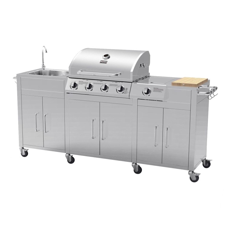 Refurbished Boss Grill Texas Premium Outdoor Kitchen 4 Burner Gas BBQ Grill with Side Burner Stainless Steel